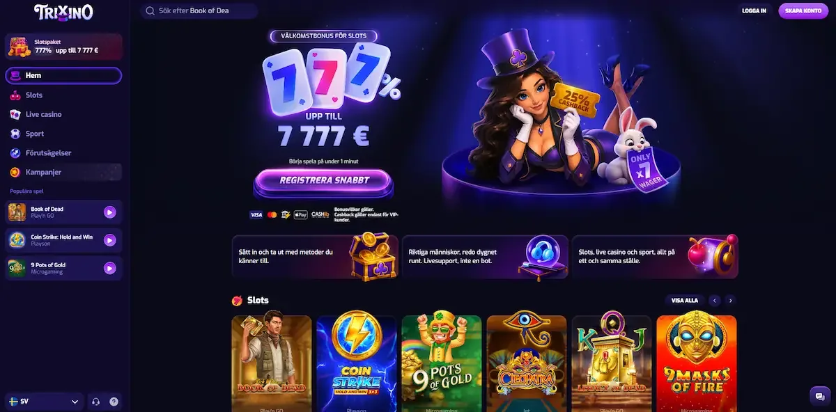 Trixino Casino på dator med svenskt gränssnitt: välkomstbonus 777 %, menyn Slots, Live casino och Sport samt Book of Dead, Coin Strike och 9 Pots of Gold